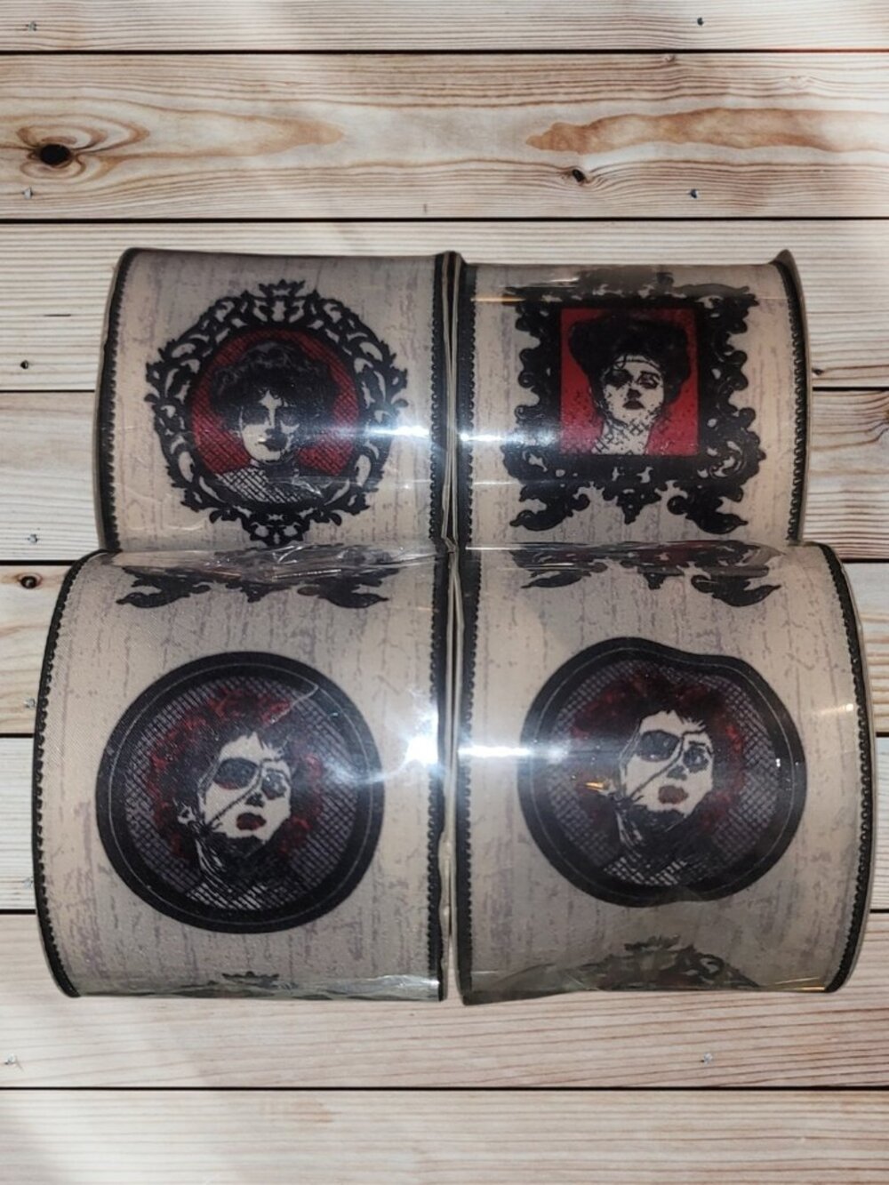 NEW - Lot of 4 - GOTHIC Portrait Wired Ribbon - Halloween Spooky Theme - 2.5 In.